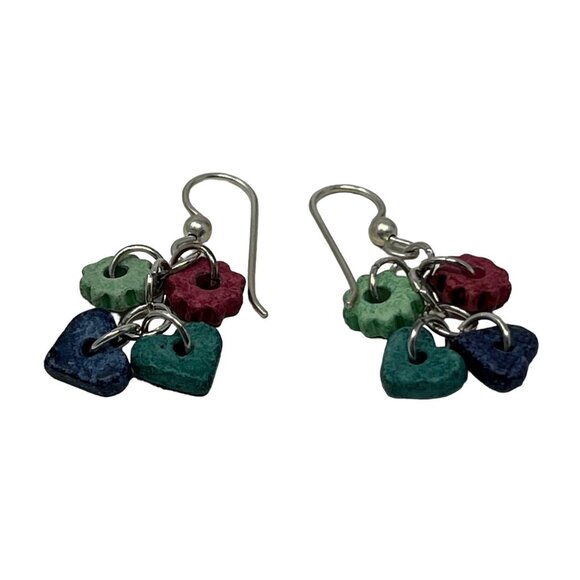 Handcrafted Earrings Silver Tone Dangle Wire Ceramic Beads Hearts Cogs - Picture 6 of 7
